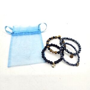 Erimish Blue And Brown Metallic Stackable Beaded Bracelet Set Of 4